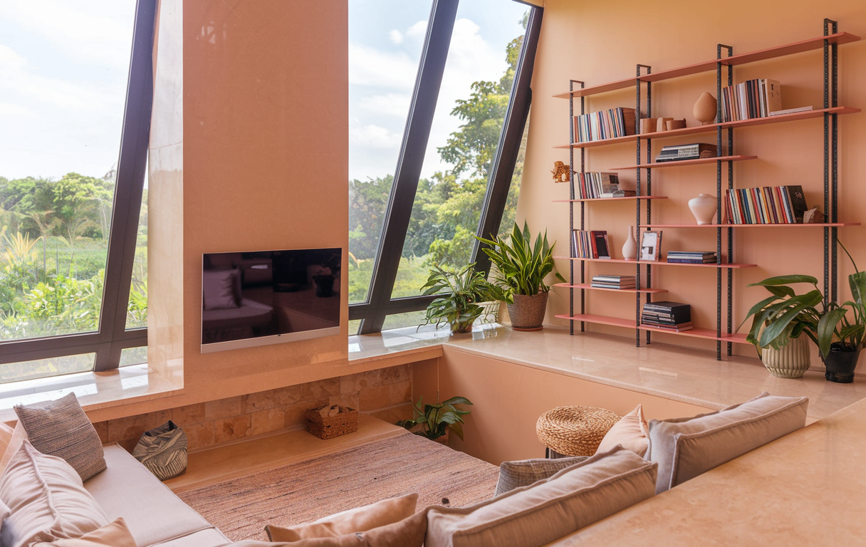 Modern conversation pit in sunken living room with tv