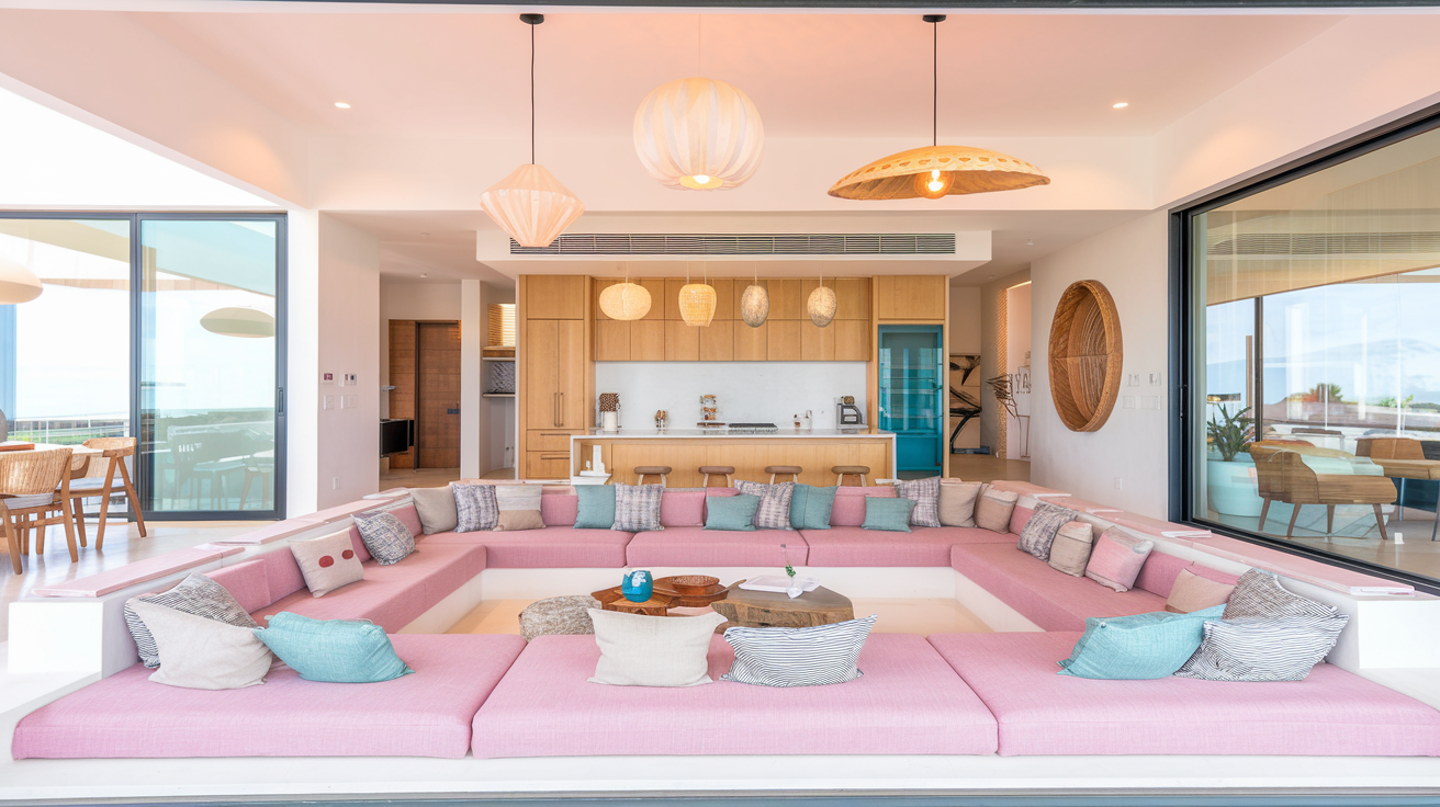 sunken modern conversation pit in pink